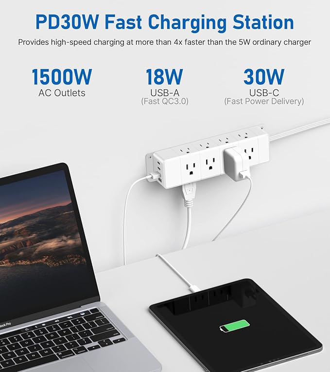 30W USB C Power Strip Surge Protector, 4 Side 12 Outlets Desk Power Strip - Image 3