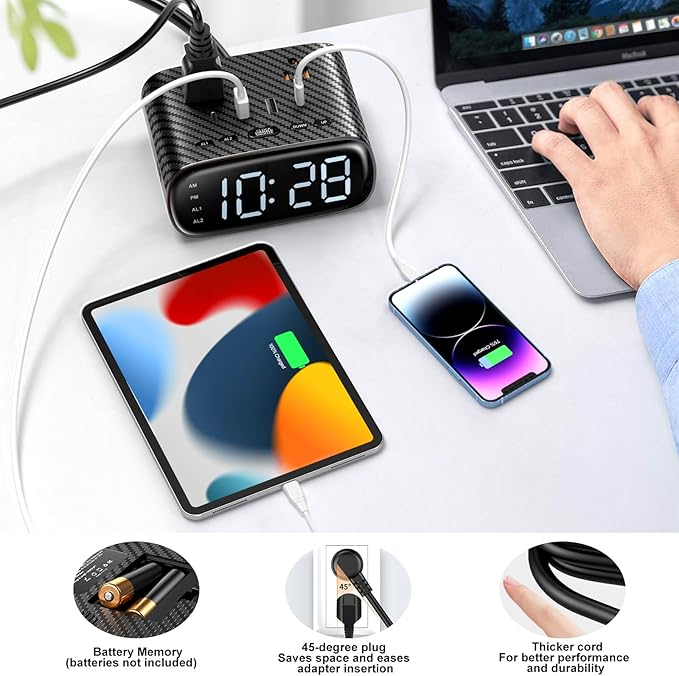 Sussex Alarm Clock with 2 USB-C, 2 USB-A Chargers Power Strip 2 Outlets - Image 6