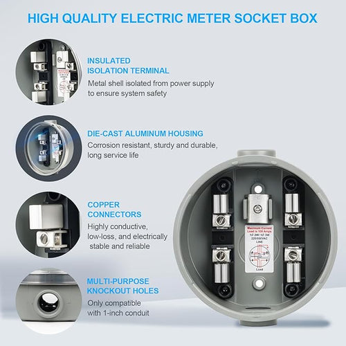 100 Amp Meter Socket, 4 Jaw Meter Base, 240V 3 Wire Ring Type, - Image 2