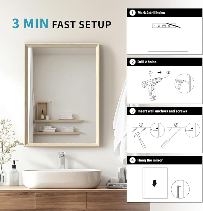 Oak Wood Effect Framed Wall Mirror, 30x36 Rectangle Mirror, 1/8" - Image 6