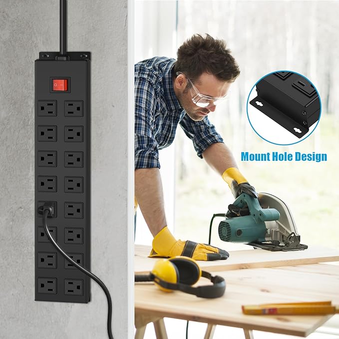 HHSOET Metal 16 Outlet Mountable Power Strip, Wall Mount Garage Workbench Socket - Image 4