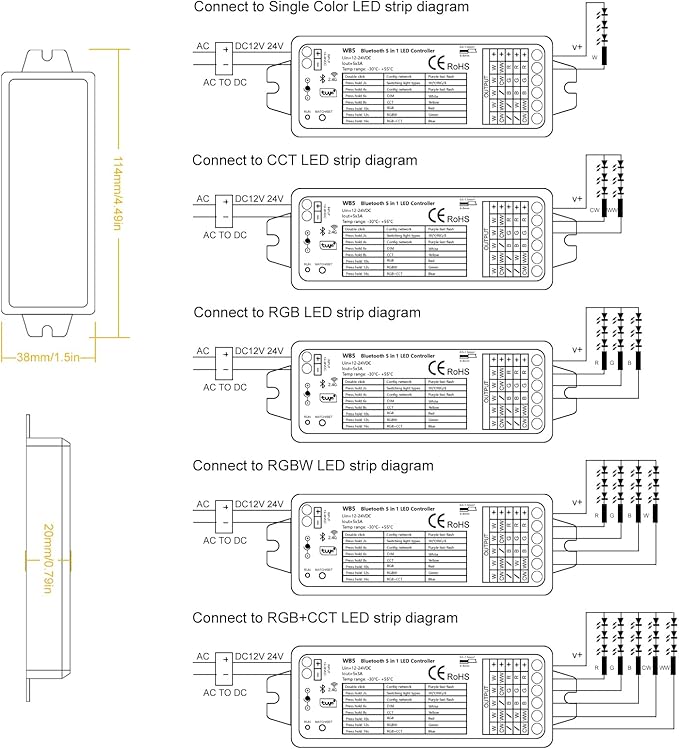 icever 5in1 WB5 LED Controller Bluetooth Control 2.4GHz Dimmable CCT RGB RGBW - Image 7