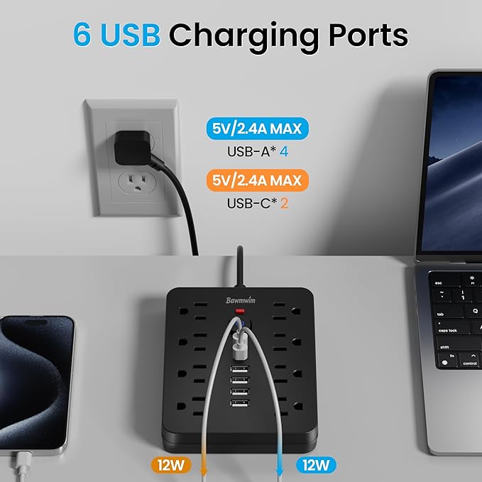 Bawmwim Surge Protector Power Strip, 8 Outlets, 6 USB Charging Ports, 6FT Flat - Image 4