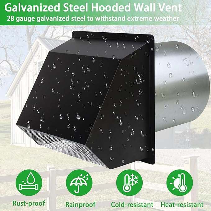 10 Inch Hooded Wall Vent with Screen and Damper, Outdoor Wall Exhaust Vent - Image 6
