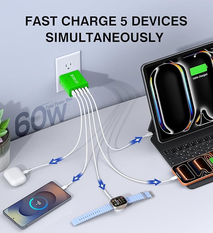 USB C Wall Charger, 60W USB C Charger Block 5-Port PD Fast Charging Blocks - Image 2