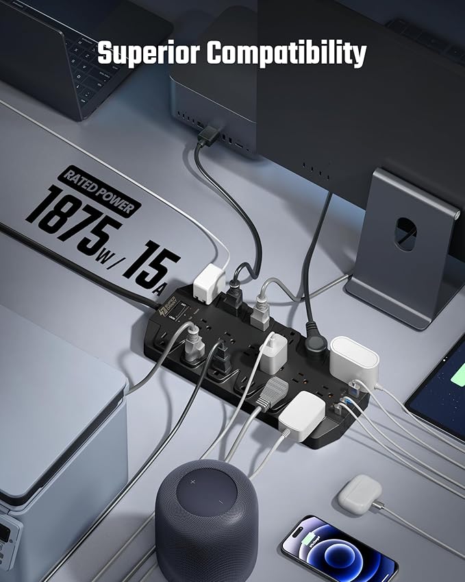 Surge Protector Power Strip, SUPERDANNY 18 AC Outlets - Image 6