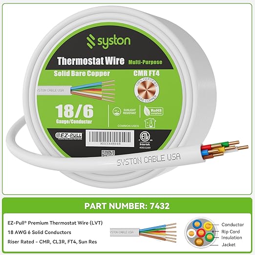 Syston 18/6 Thermostat Doorbell HVAC Heating Control Cable Wire, 18 AWG 6 - Image 3