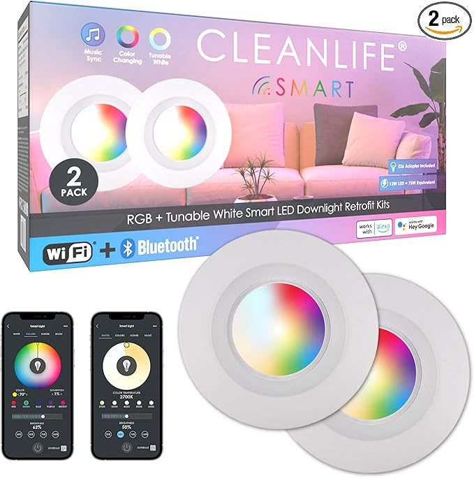 CLEANLIFE 2-Pack Smart LED Recessed Lighting Retrofit Downlight RGB + Tunable by CLEANLIFE