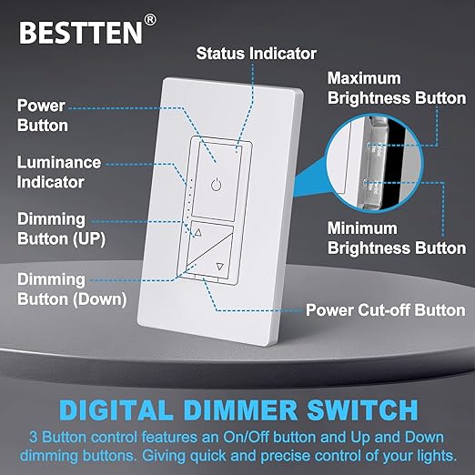 BESTTEN 5 Pack Super Slim Digital Dimmer Light Switch - Image 6