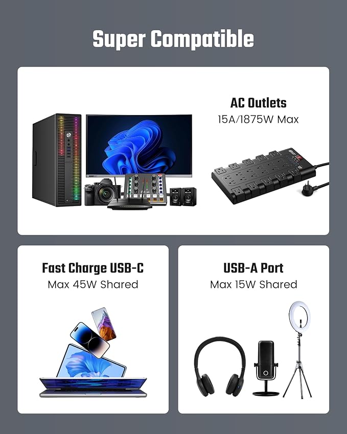 10Ft Power Strip Surge Protector, SUPERDANNY Charging Station 22 Outlets - Image 6