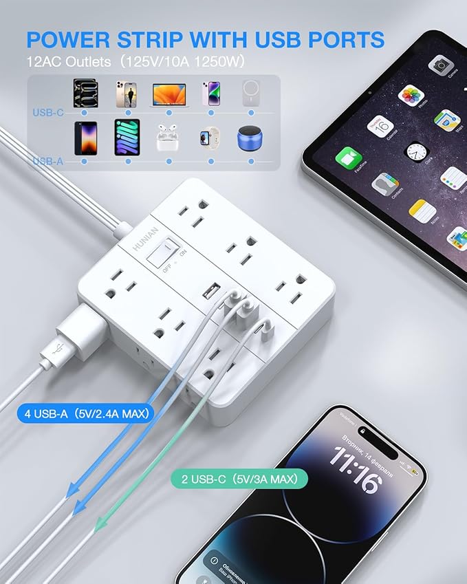 Extension Cord 25 Ft, HUNIAN Flat Plug Power Strip Surge Protector, 12 Widely - Image 4