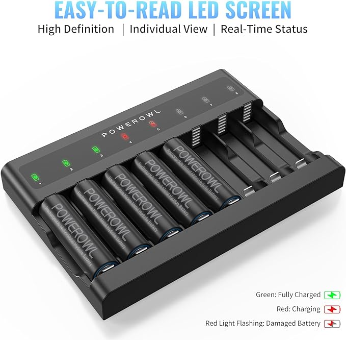 POWEROWL AA AAA Battery Charger 8 Bay, Independent Slot, USB Fast Charging - Image 5