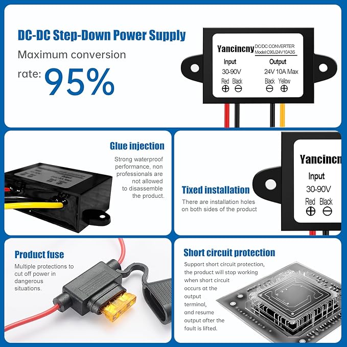 Yancincny 24V 10A 240W DC-DC Buck Converter 30V-90V to 24 Volt 10A Transformer - Image 5