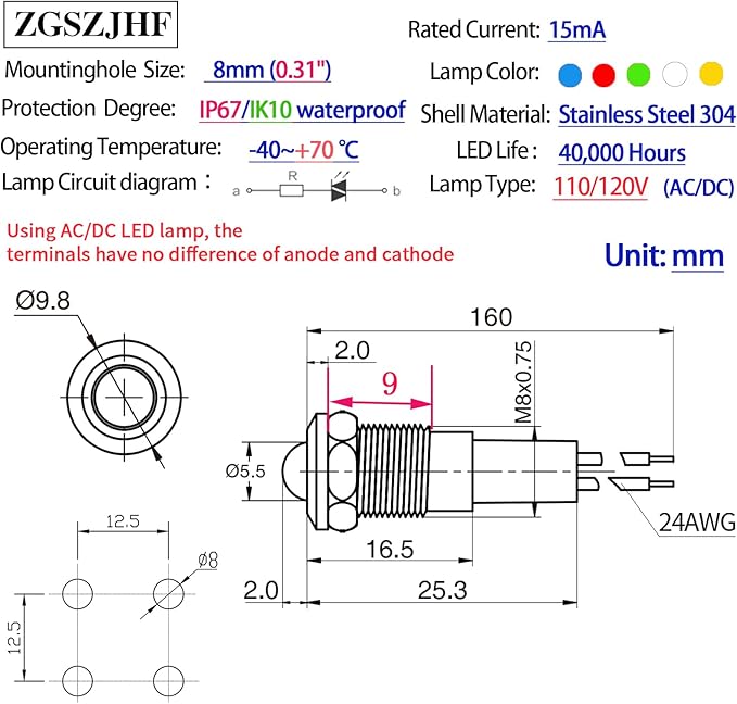ZGSZJHF UL Listed Mini Indicator Light 8mm 0.31" Waterproof IP67 110V-120V - Image 3
