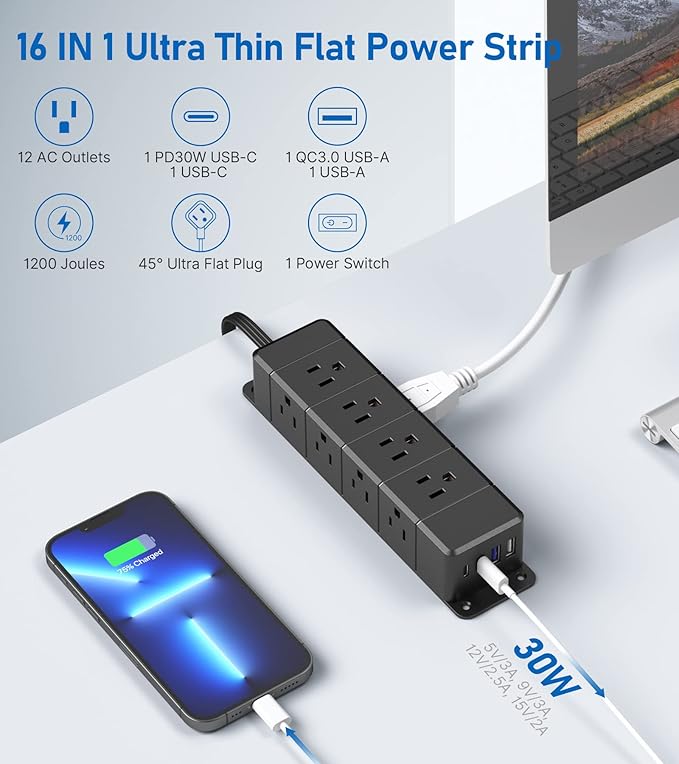 30W USB C Power Strip Surge Protector, 4 Side 12 Outlets Desk Power Strip - Image 2