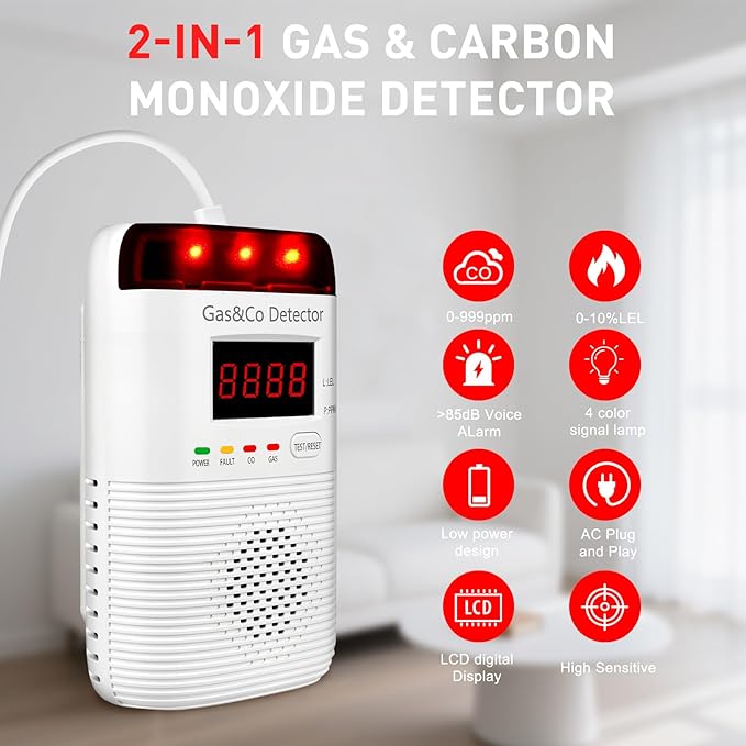 2 Packs Combination Gas & Carbon Monoxide Detectors Plug in, Portable CO - Image 4