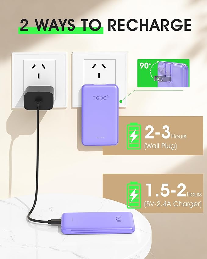 TG90° 5000mAh Portable Charger Built-in AC Wall Plug and Cables, Pocket Size - Image 4