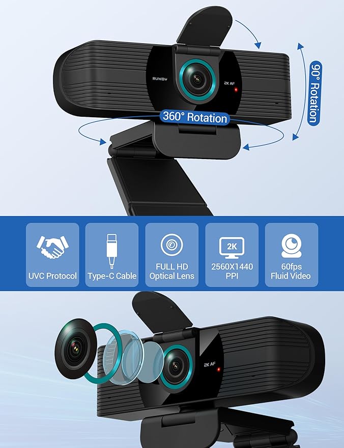 RUWBY QHD 2K Webcam with Built-in Dual Mics, Wide-Angle Lens, Privacy Cover - Image 2