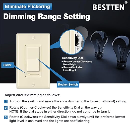 BESTTEN 2 Pack Almond Dimmer Wall Light Switch, Compatible - Image 4