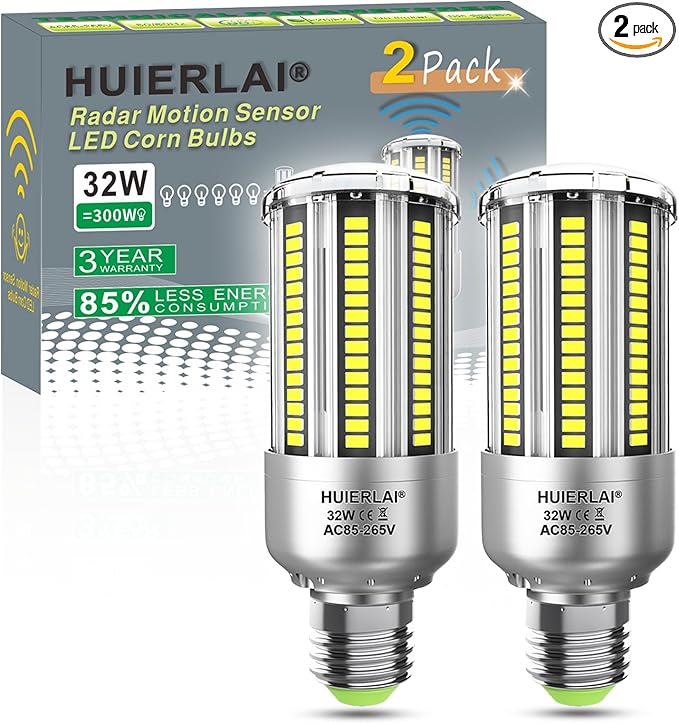 Radar Motion Sensor LED Light Bulbs, 32W Daylight White 6000K 4000LM Auto by HUIERLAI