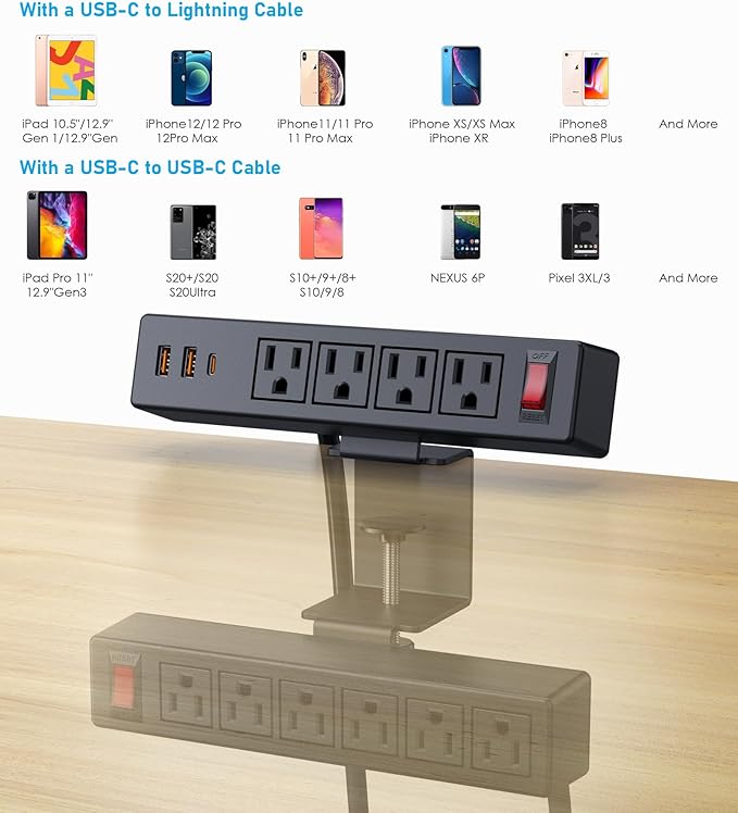 Desk Clamp Power Strip with PD20W USB-C, 2 in 1 Dual Layer Under Desk Power - Image 6