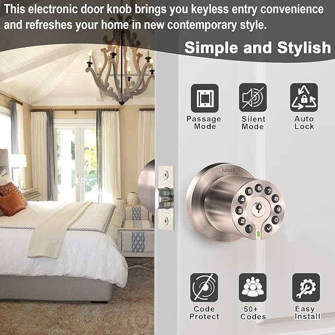iulock IU-20 Code Door Lock, Electronic Door Knob - Image 2