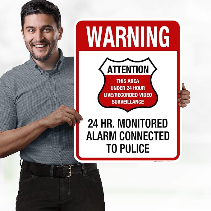 Warning 24 HR. Monitored Alarm Connected To Police Sign, 18x24 Inches, Rust - Image 2
