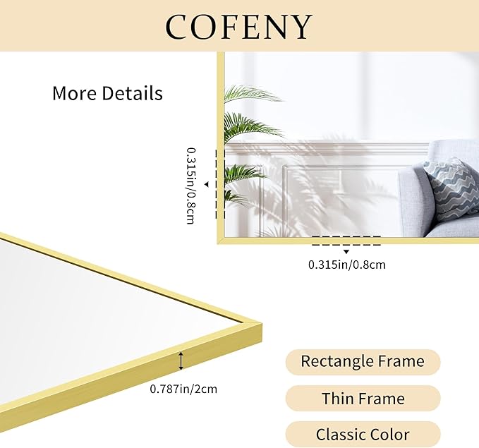 48x24In Gold Bathroom Mirror for Wall, Brushed Gold Rectangle Mirrors - Image 5