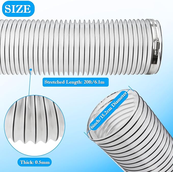 6" x 20' PVC Dust Collection Hose, 6 Inch Dust Collector Vacuum Hose - Image 2