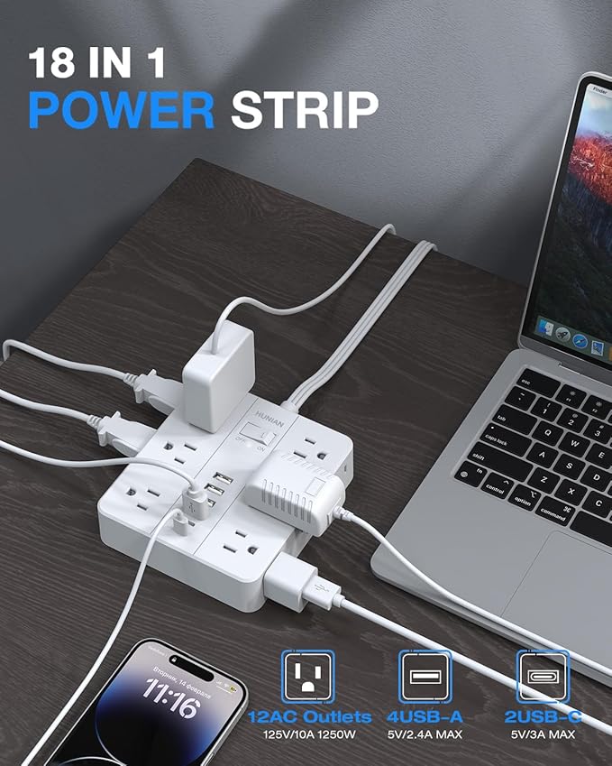 Flat Plug Power Strip Surge Protector, Flat Extension Cord Indoor 20 Feet， - Image 2