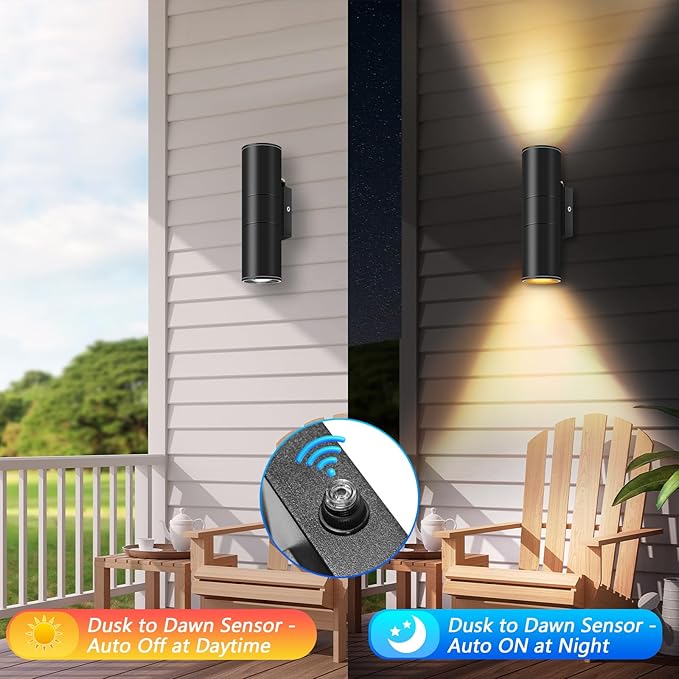 RIDALUX Dusk to Dawn Outdoor Wall Lights: 2 Pack Sensor Waterproof Cylinder Up - Image 2