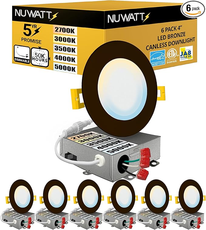 NUWATT 6 Pack 4 Inch Ultra-Thin Bronze LED Recessed Lighting, 5CCT by NUWATTLighting