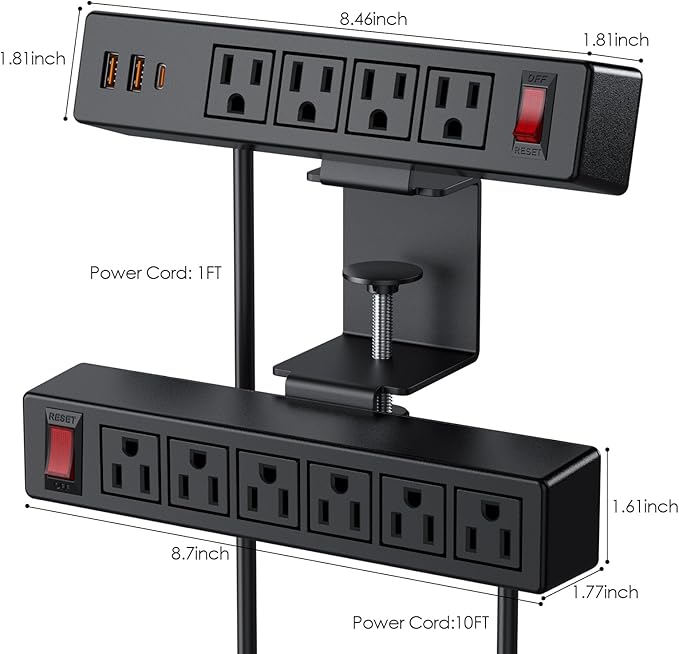 Desk Clamp Power Strip with PD20W USB-C, 2 in 1 Dual Layer Under Desk Power - Image 7