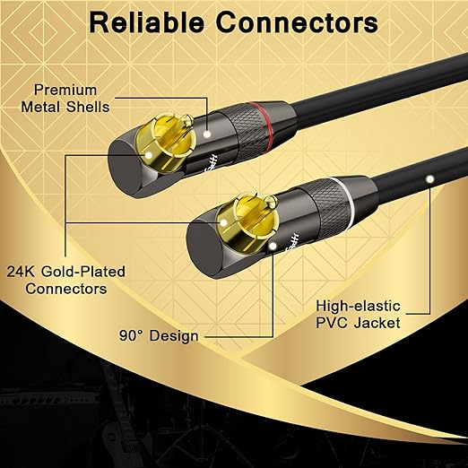 Right Angle RCA Cable 10 FT, 90 Degree 2RCA to 2RCA Stereo Audio Cable - Image 2