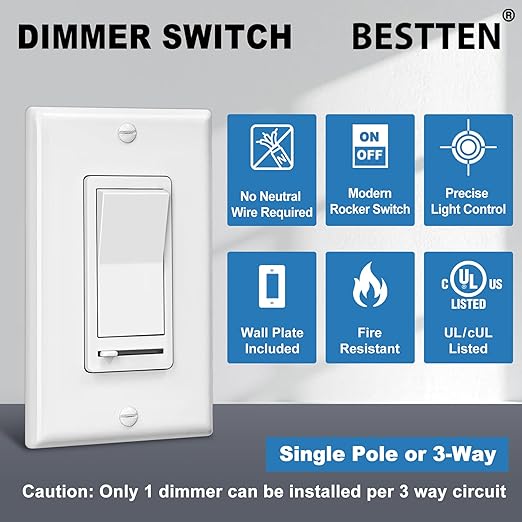 BESTTEN 10 Pack Dimmer Light Switch, Single-Pole or 3-Way Dimmer Switches - Image 2