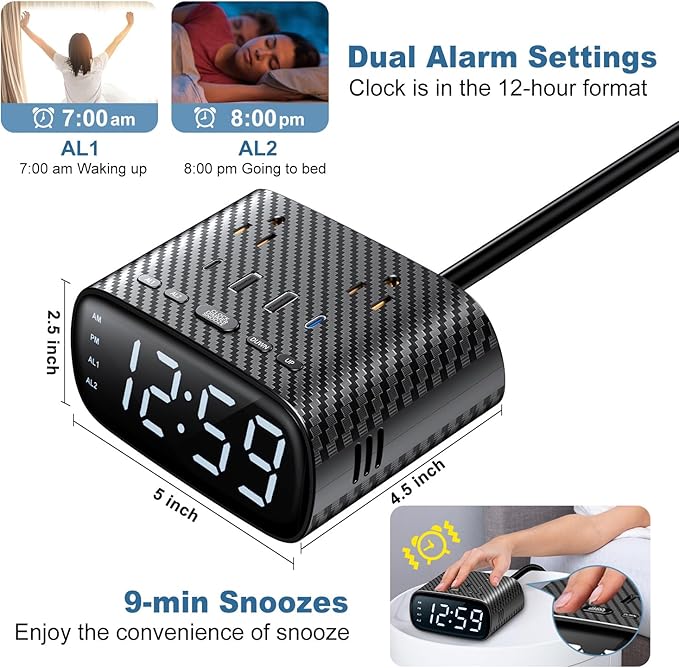 Sussex Alarm Clock with 2 USB-C, 2 USB-A Chargers Power Strip 2 Outlets - Image 4