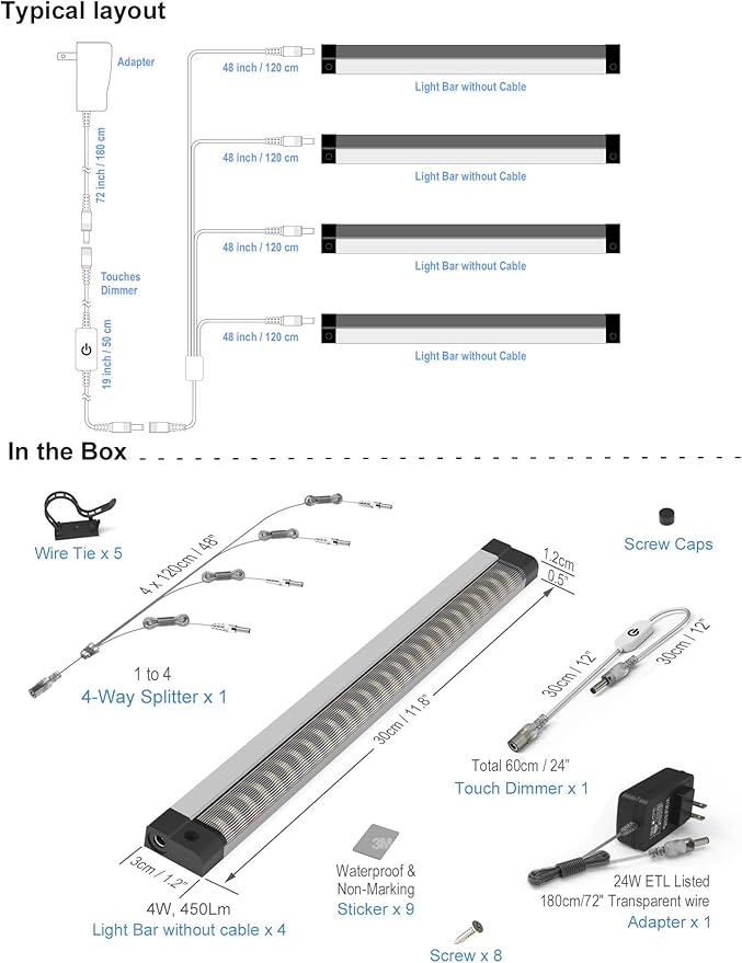 EBD LED Under Cabinet Lighting 4-Way Parallel Connection Display Case Lights - Image 3