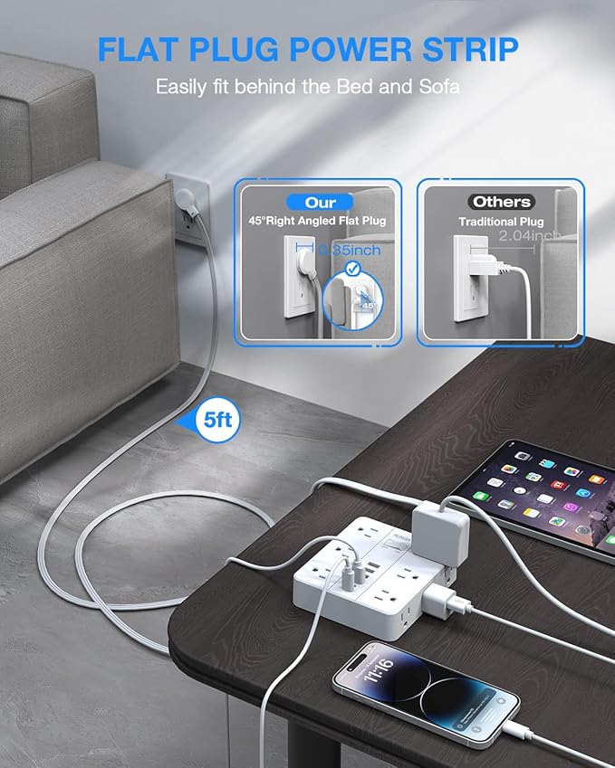 Extension Cord 25 Ft, HUNIAN Flat Plug Power Strip Surge Protector, 12 Widely - Image 3