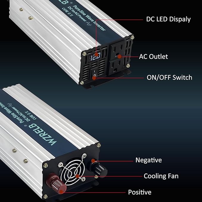 WZRELB 1000W Pure Sine Wave Inverter 24V DC to 110V 120V AC Power Converter - Image 3
