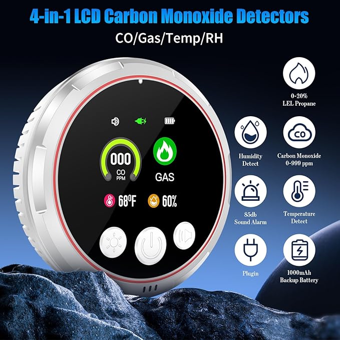 3 Pack 4-in-1 Carbon Monoxide Detectors &Natural Gas Leak Detector, Portable - Image 2