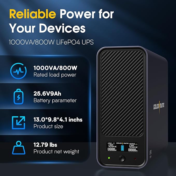 GOLDENMATE 1000VA/800W Lithium UPS Battery Backup and Surge Protector, Sinewave - Image 4