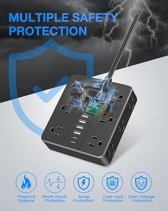 Flat Plug Surge Protector Power Strip, HUNIAN 12 Widely Spaced Outlets - Image 6