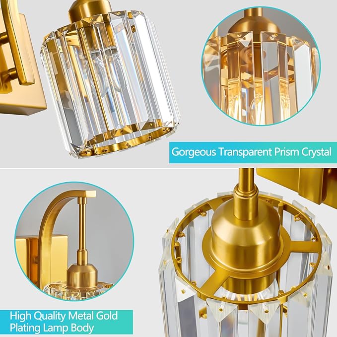 FDPBY Bathroom Crystal Vanity Lights 2-Light Gold Wall Lamp Modern Crystal - Image 5