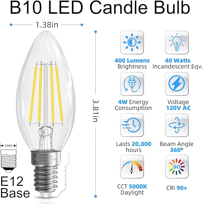 GvvooHome Candelabra Light Bulbs 40 watt Equivalent, Chandelier Light Bulbs - Image 2