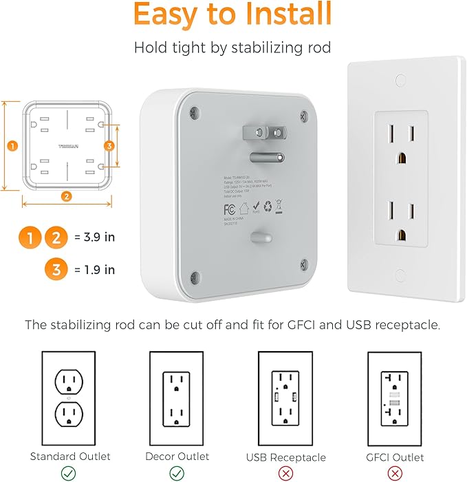 Multi Plug Outlet Extender, TESSAN 4 Outlet Splitter 3 USB Wall Charging Ports - Image 5