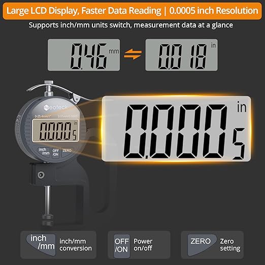 Neoteck Digital Thickness Gauge 1inch/25.4mm, 0.0005inch/0.01mm LCD Display - Image 3