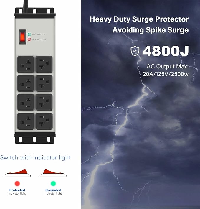 CCCEI Heavy Duty Power Strip Surge Protector 20 AMP, 8 Outlets 12 Gauge - Image 2