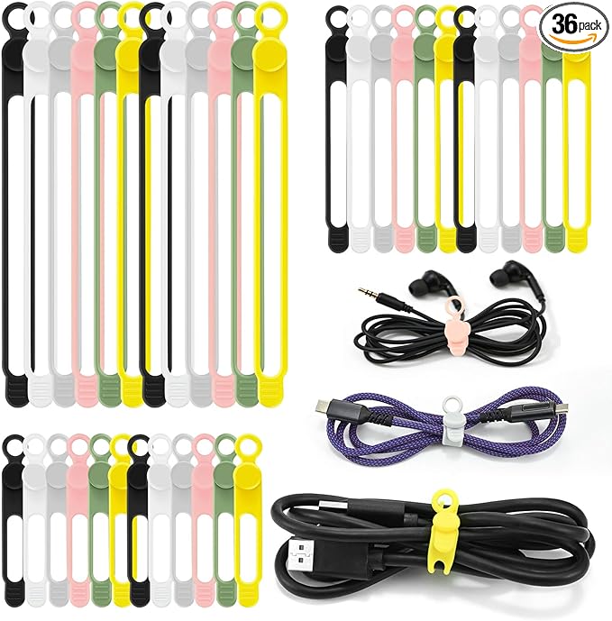 36Pcs Silicone Cable Ties, 6 Colors Data Cable Organizer Ties, 3 Sizes Cord Ties by CozyNestMo