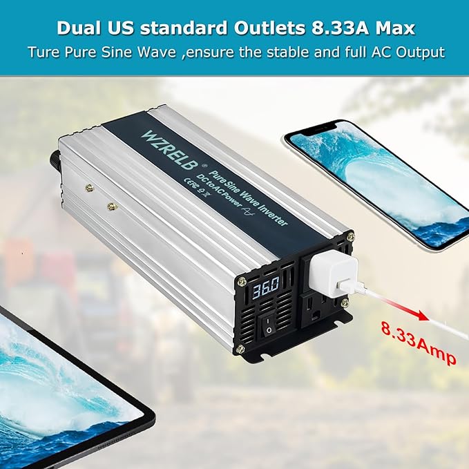 WZRELB 1000W Pure Sine Wave Inverter 36V DC to 110V 120V AC Power Converter - Image 4
