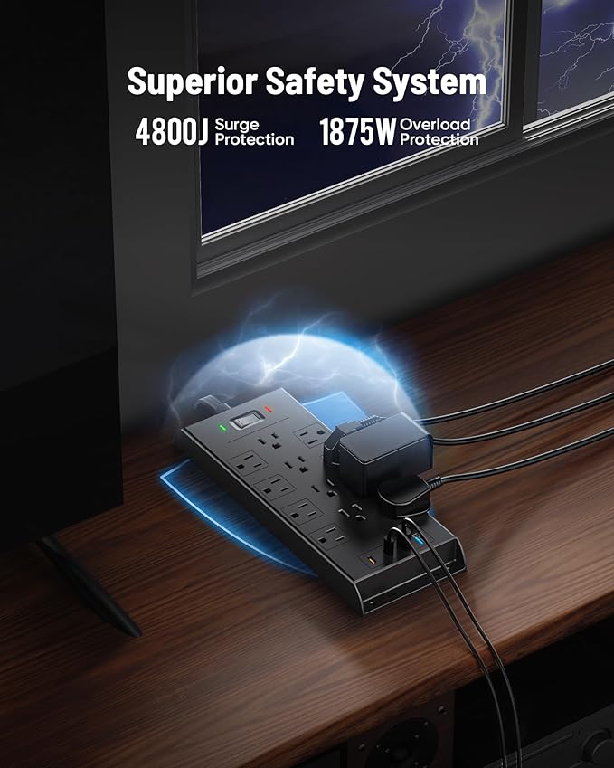 Surge Protector Power Strip 4800J, LeZone 15Ft Long Extension Cord Flat Plug - Image 4